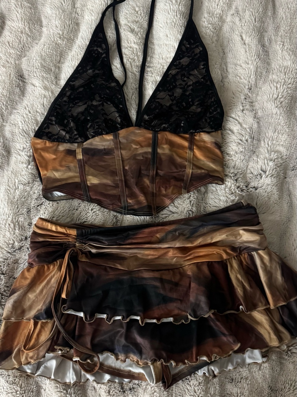 SHEIN Black Lace Triangle Corset Top with Brown Multi-Tone Ruffle Skirt Set